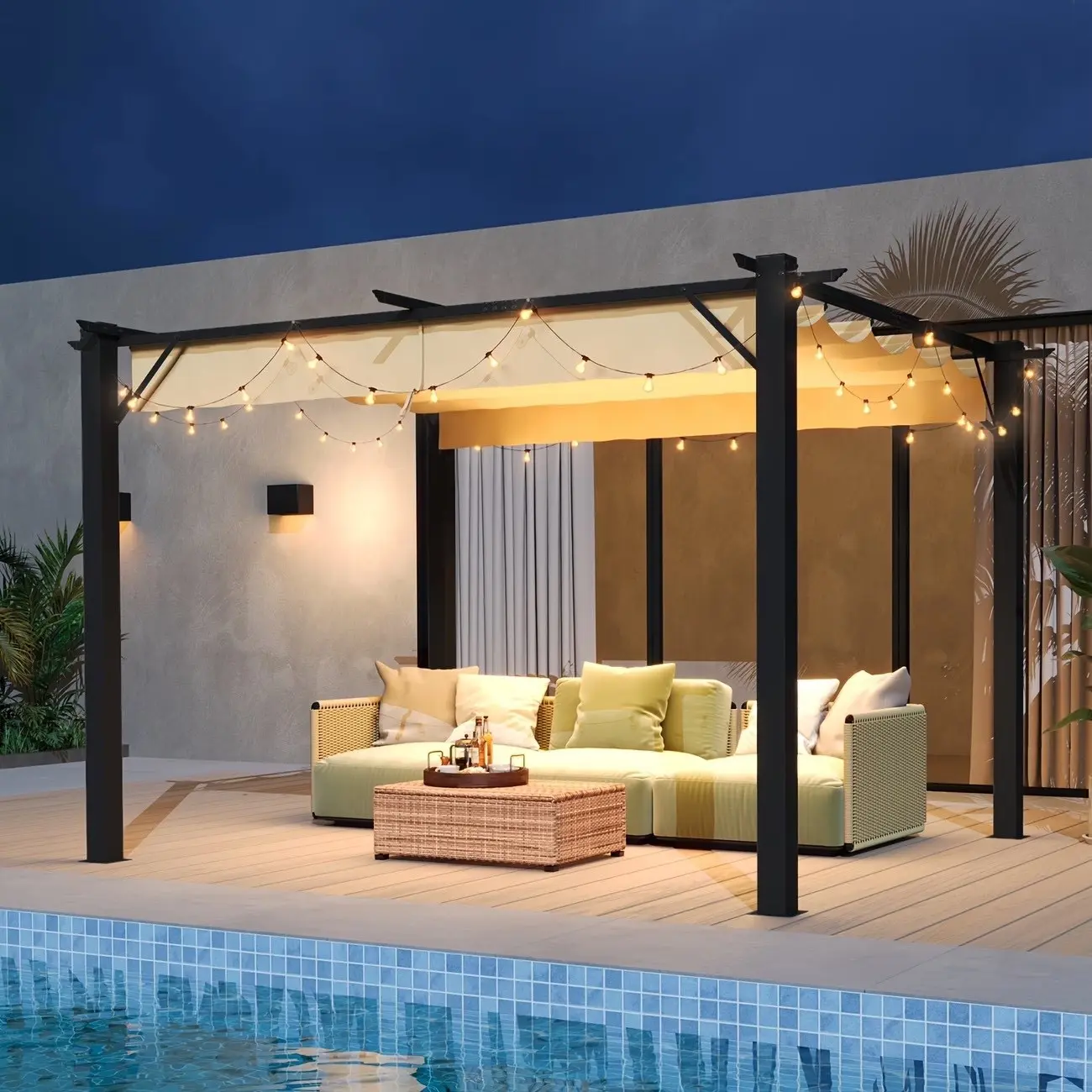 12x10ft Retractable Pergola Kit with Adjustable Louvered Canopy - Aluminum