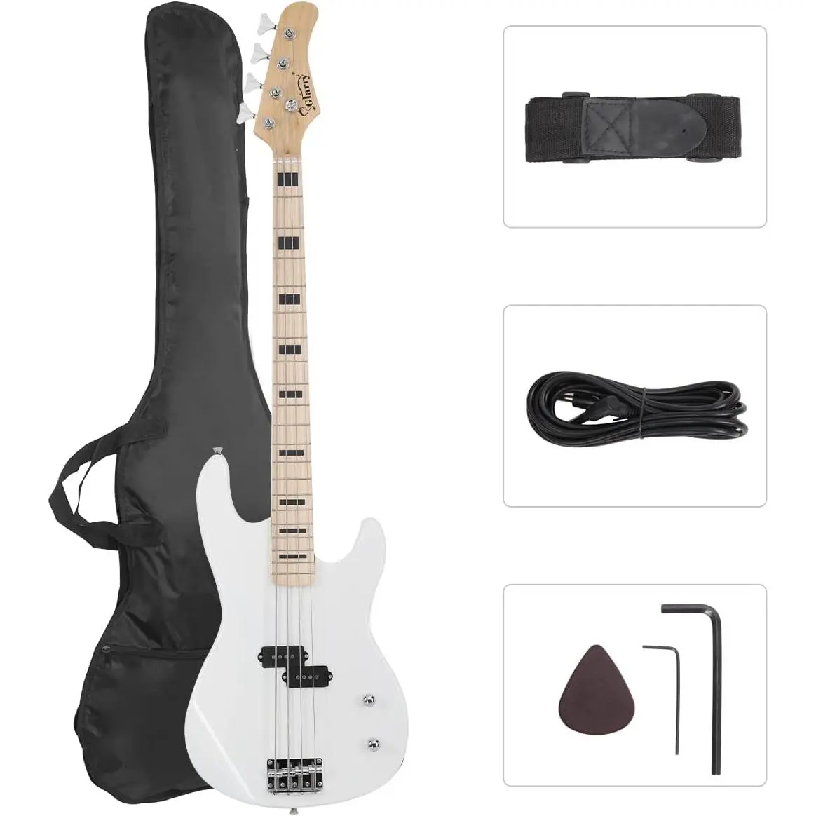 GLARRY GP Series Full-Size 4-String Electric Bass Guitar Beginner Kit with Canadian Maple Fingerboard, Shoulder Strap, 1/4" Jack, Aux Input Jack, Amplifier Cord, Portable Guitar Bag, Bass Pick, 3.0kg/6.72lb & Accessories, Amp Cord tiktokshopbacktoschool