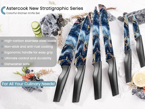 Astercook 6 Pcs Stratigraphic Series Kitchen Knife Set, German High Carbon Stainless Steel Dishwasher Safe Blade Block, Kitchen Knives Cutting Astercook 6 Pcs Stratigraphic Series Kitchen Knife Set, German High Carbon Stainless Steel Dishwasher Safe Blade Block, Kitchen Knives Cutting