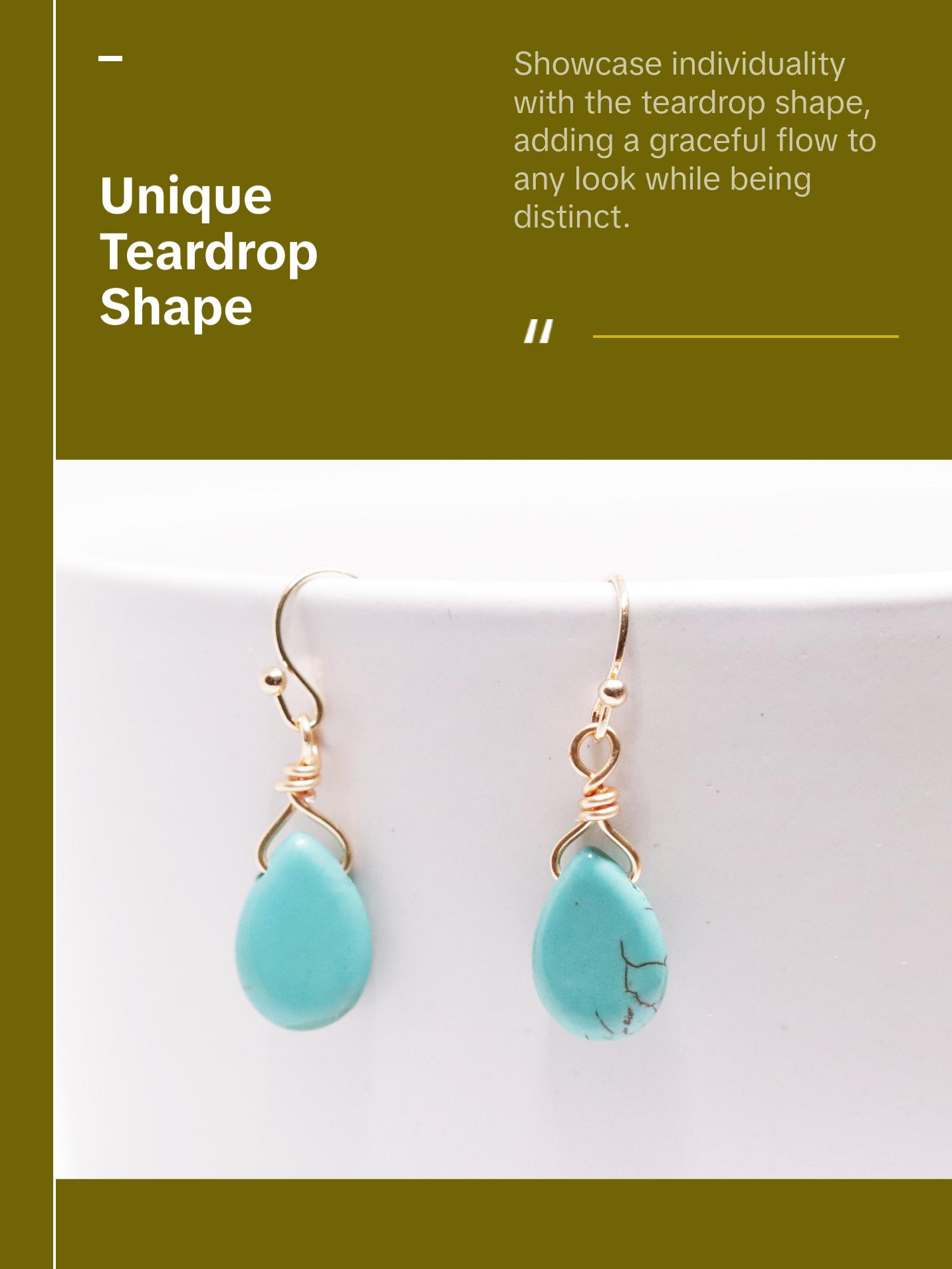 Natural Green Turquoise Teardrop-shaped Drop Earrings, Genuine Gemstones, Daily Earrings