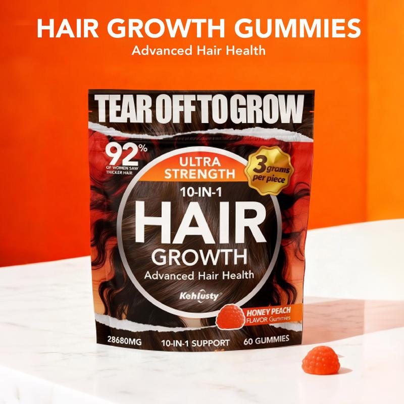 Hair Growth Gummies for Women | 10-in-1 Formula with Biotin, Collagen & Zinc | Supports Thicker, Stronger Hair & Scalp Health | Honey Peach Flavor, 60 Gummies
