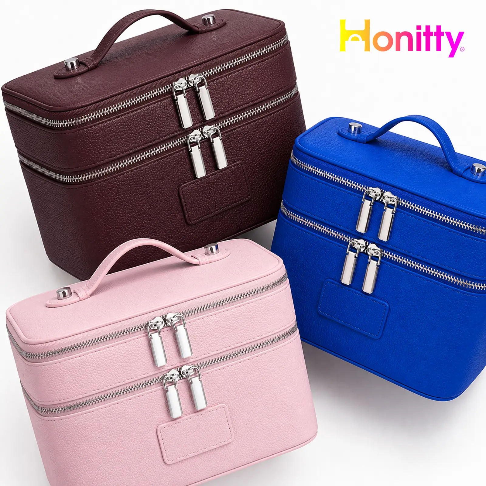 HONITTY Women's Elegant Minimalist Korean Duo PU Leather Portable Vanity Case - Travel Cosmetic Bag with Removable Divider, Zipper, Leakproof Design, Holds Multiple Items Comfortably, Do Not Dry Clean, for Vanity Organization, Wedding Use