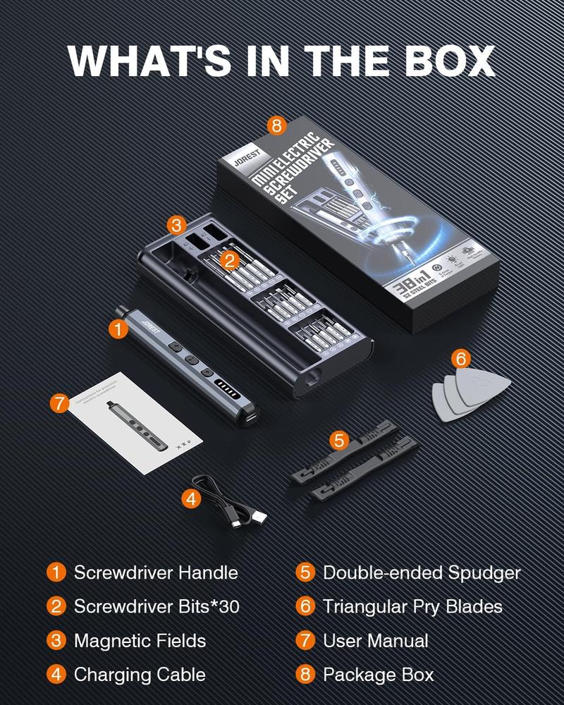 JOREST Mini Electric Screwdriver, Precision Set with 38-in-1 Magnetic Bits, 5 Torque Settings, LED Light, Repair Tool Kit for iPhones, Laptop, Drone, Game Console, Camera, Glasses, Watches, Toys