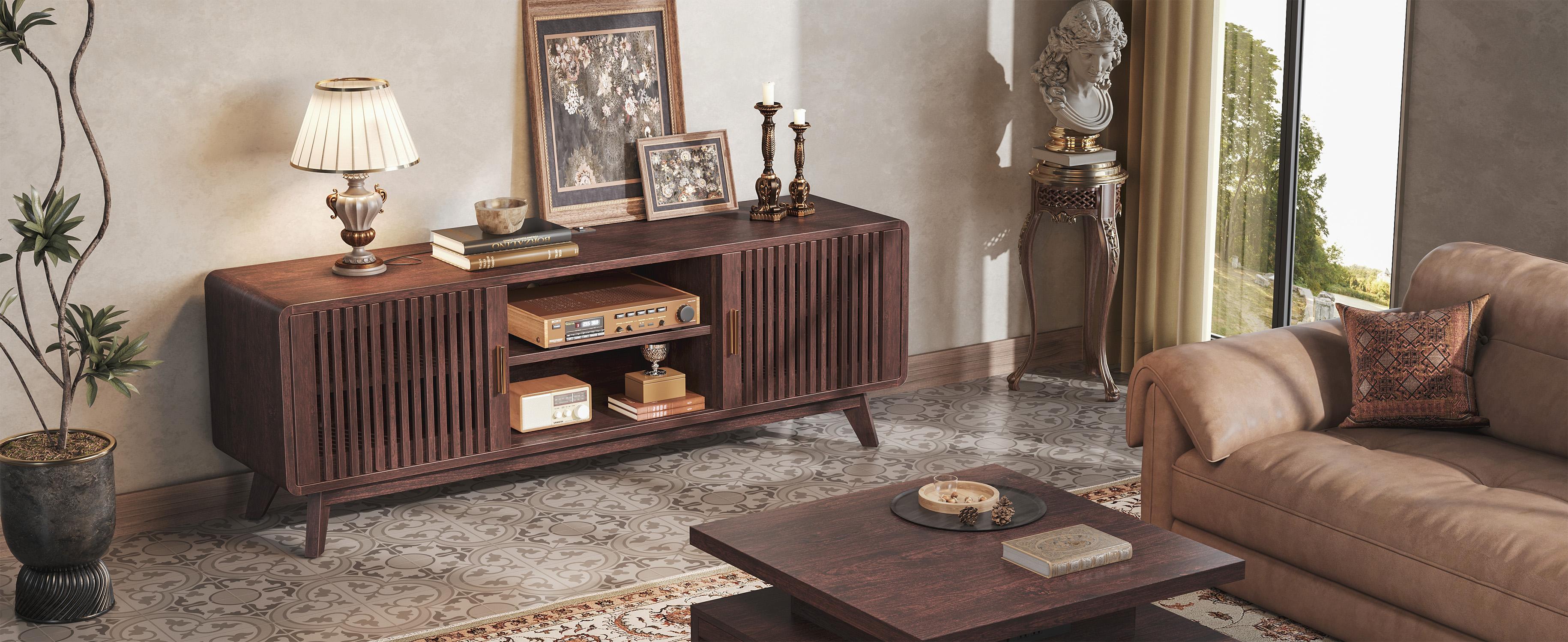 IRONCK 63'' TV Stand for TVs Up to 70", TV Console with 2 Sliding Doors in Grille Design and Charging Station, Mid Century Modern Entertainment Center with Storage for Living Room