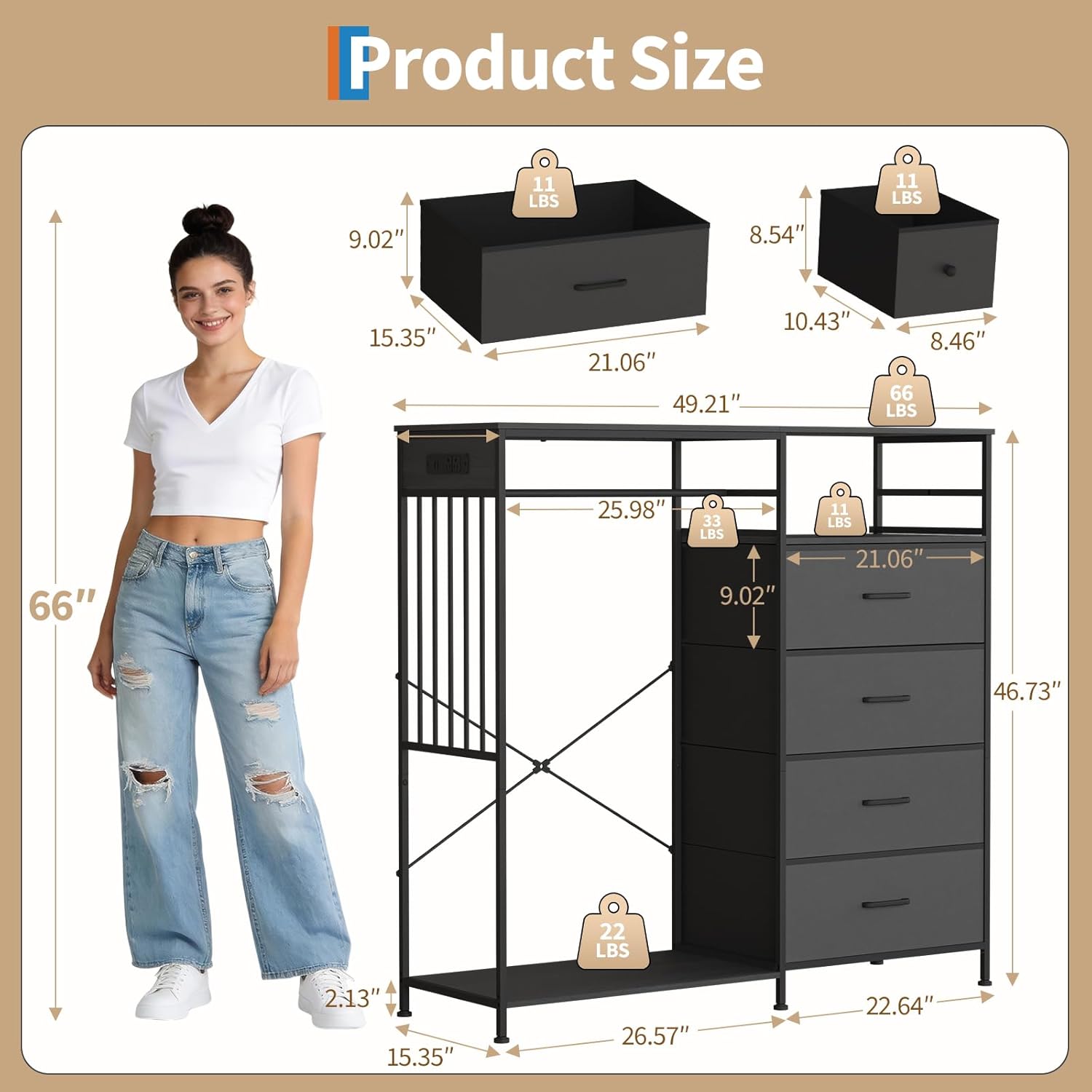 49.2" w Dresser with Hanging Rack & LED Lights, 6-Drawer Closet Organizer with Charging Station, Tall Storage Tower for Bedroom, Reversible Wood Top Chest, Sturdy Frame 49.2" w Dresser with Hanging Rack & LED Lights, 6-Drawer Closet Organizer with Charging Station, Tall Storage Tower for Bedroom, Reversible Wood Top Chest, Sturdy Frame
