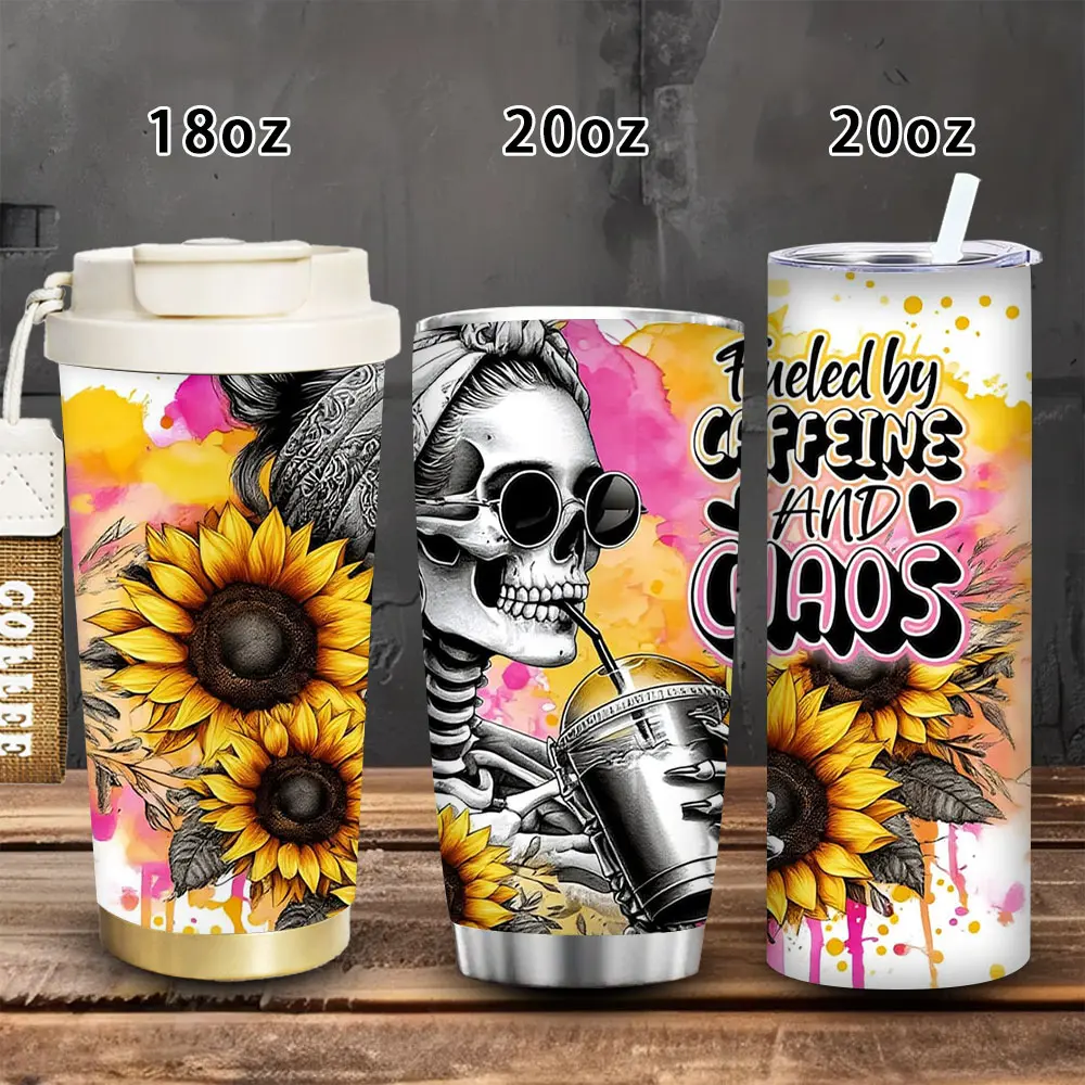 1pc 18oz/20oz Sunflower Skeleton Caffeine Chaos Insulated Travel Flask with Lid and Straw, Winter Kitchenware Drinkware, Gift for Women, Ideal for Valentine's Day, Office Coffee Mug, Flasks, Portable