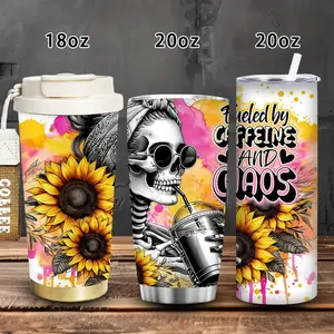 1pc 18oz/20oz Sunflower Skeleton Caffeine Chaos Tumbler with Lid and straw, Winter Insulated Travel Mug, Gift for Women Men, Ideal for Valentine's Day, Birthday Gift, Coffee Cup for Office