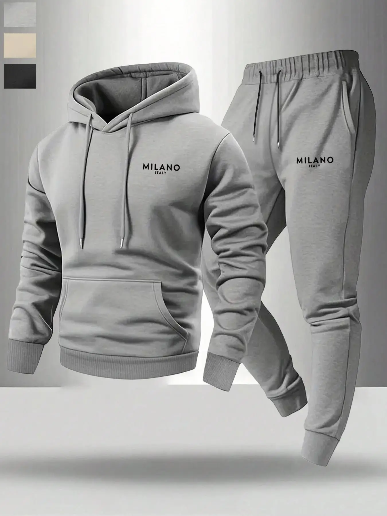 Men's 2026 Trend City Landmark Casual Menswear Set, Milano Italy Graphic Long Sleeve Hoodie + Jogger Pants, Comfortable Warm Streetwear, Fitted Style
