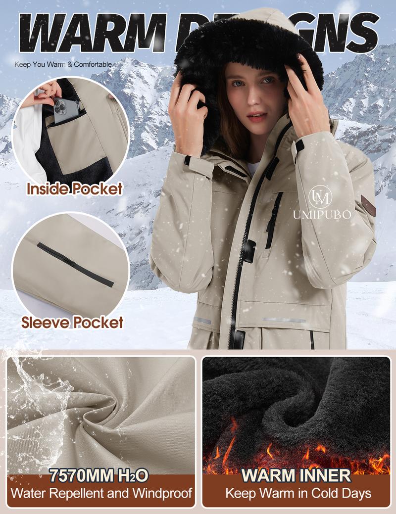UMIPUBO Women's Waterproof Ski Jacket Warm Winter Coat Mountain Windproof Fleece Jacket Outdoor Hiking Jacket with Removable Hood