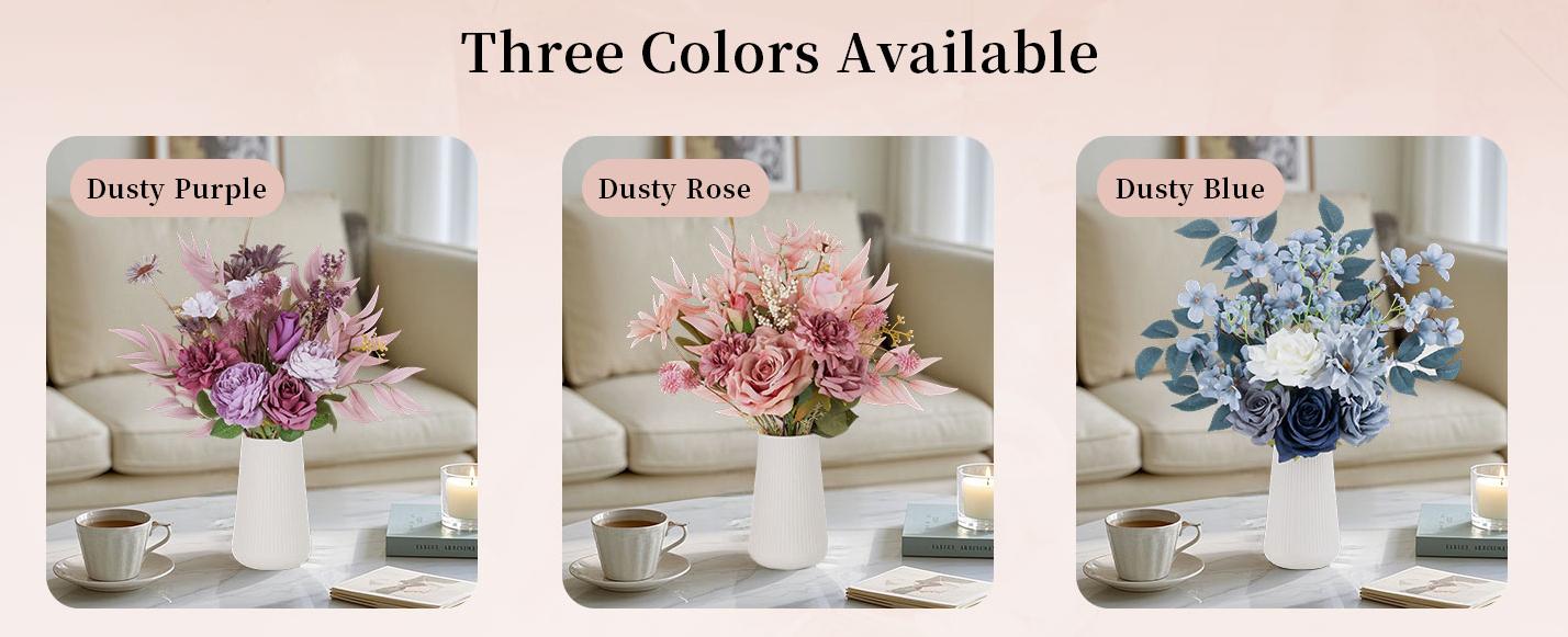 Dusty Pink Artificial Flowers in Ceramic Vase Home Decor - Fake Roses Faux Dahlias Bouquet Kitchen Dining Room Wedding Decoration arrangement