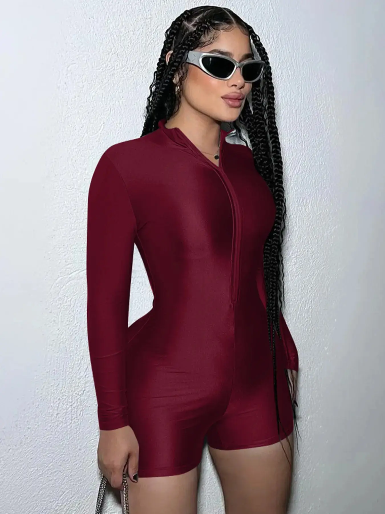 Women's Solid Zip Up Mock Neck Bodycon Romper, Casual Long Sleeve Jumpsuit for Fall & Winter, Women's Clothes for Daily Wear