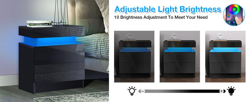HOMMPA LED Nightstand Black Night Stand with Led Lights Modern Nightstand with 2 High Gloss Drawers, Bedside Table Smart Bed Table for Bedroom 20.5” Tall
