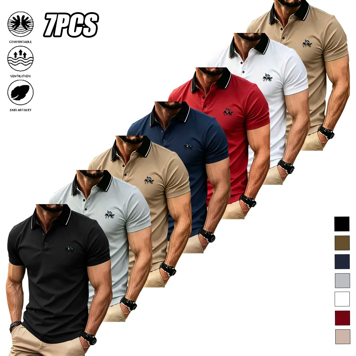Men's Casual Athletic Polo Shirts 7-Piece Set - Menswear Top, Color-Block Design, Turn-Down Collar, Short Sleeves, Stylish Prints, Polyester Quick-Dry Breathable Fabric, Versatile Fit for Tennis Training, Casual Street Outings