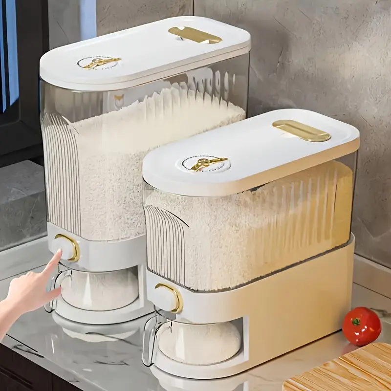 GHQ Rice Dispenser with Measuring Cup & Time Scale - 11.02LB/22.05LB Dustproof Stackable Durable Plastic Multi-Compartment Food-Safe Set for Kitchen Storage Organization, Home Organization, Ingredient Holding