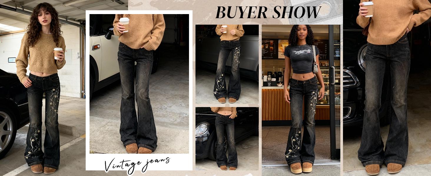 EMMIOL Women's Bell Bottom Jeans Stretchy Flare Mid Rise Embroidery Bell Bottom Vintage Denim Jeans 90s Outfits Y2k Clothes