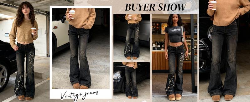 EMMIOL Women's Bell Bottom Jeans Stretchy Flare Mid Rise Embroidery Bell Bottom Vintage Denim Jeans 90s Outfits Y2k Clothes