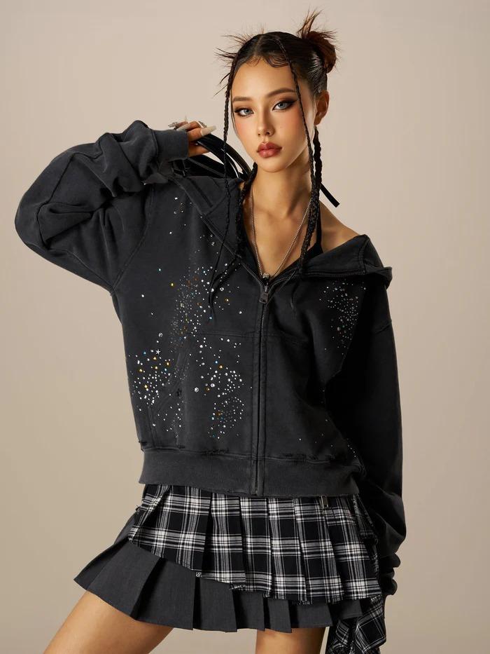 Aelfric Eden Unisex Hotfix Rhinestone Star Zip Up Hoodie Vintage Washed Oversized Streetwear Jacket 100% Cotton