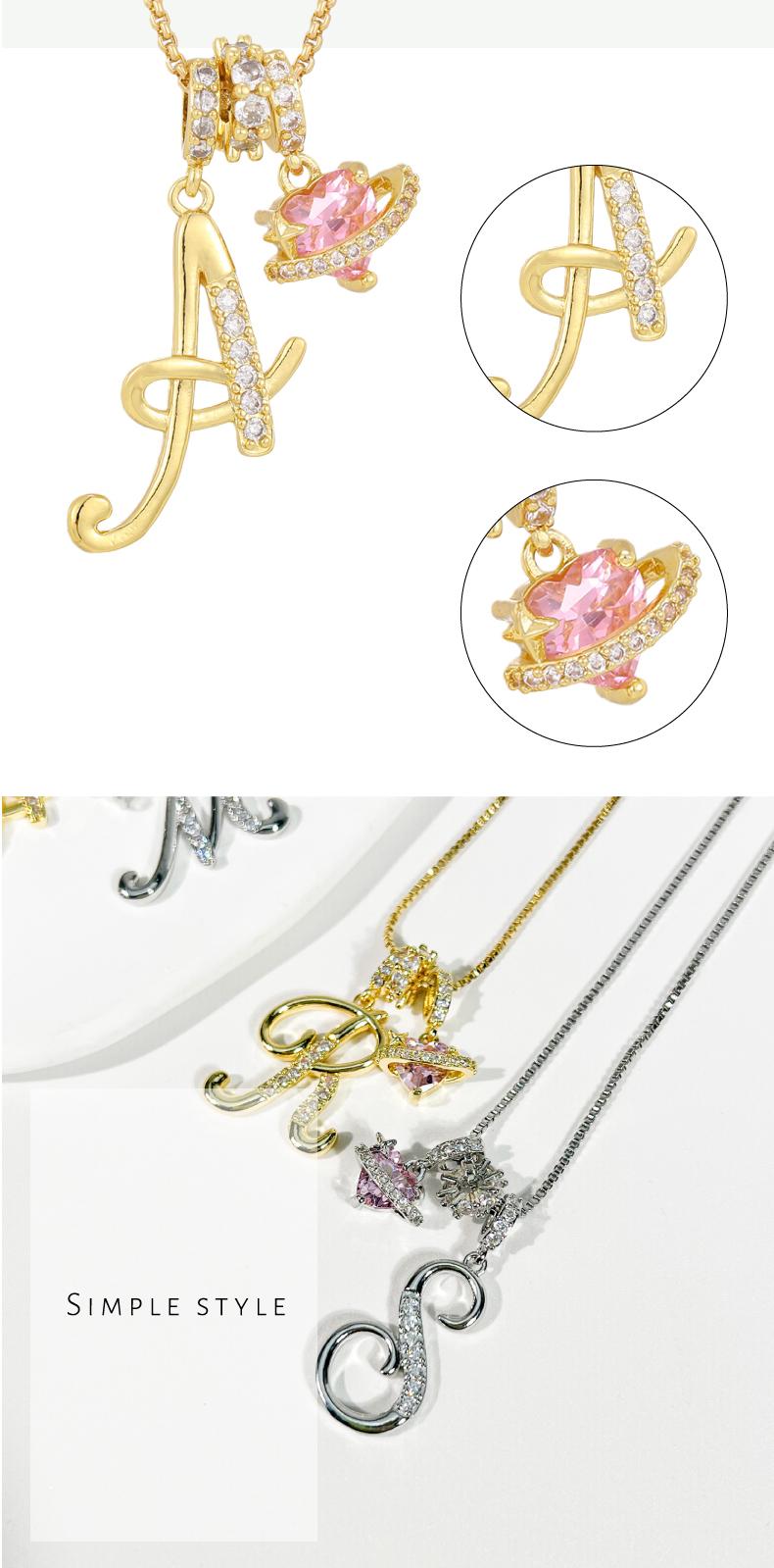 GGIRL Initial Heart Necklace for Women Pink Cubic Zirconia Pendant Letter Diamond 18K Gold Plated Fashion Jewelry Gift for Holiday Christmas Birthdays Anniversaries