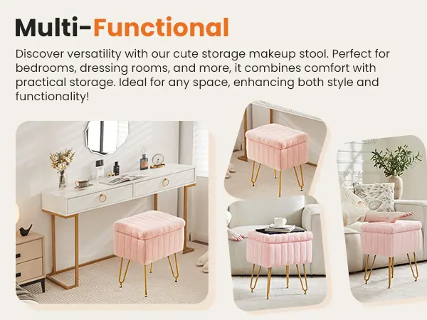 Vanity Stool Chair with Storage, Ottoman Faux Fur Soft Padded Makeup Footstools Seat with 4 Metal Legs Anti-Slip Adjustable Feet