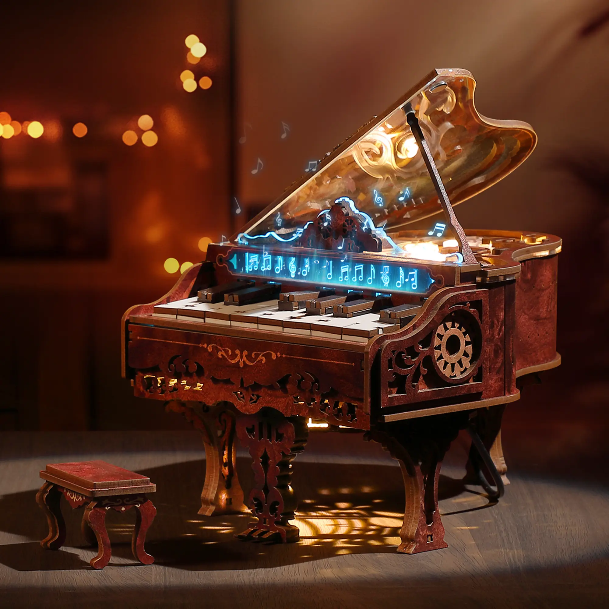 FUNPOLA 3D Wooden Puzzle Playable Piano Kit with LED Light — Interactive Whimsical Music Craft Model, Home Decor Gift for Adults