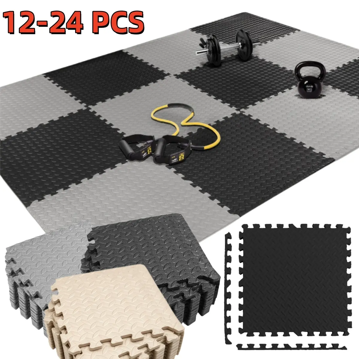 12-24 Pack Exercise Mats Puzzle Foam Mats Gym Flooring Mat Cover Set, 12x12x0.4 inch High-Density EVA Interlocking Foam Floor Tiles Protector Mat Non-Slip Waterproof, Easy to Clean, Universal for Home Workout Gym Equipment and Kids' Play Areas