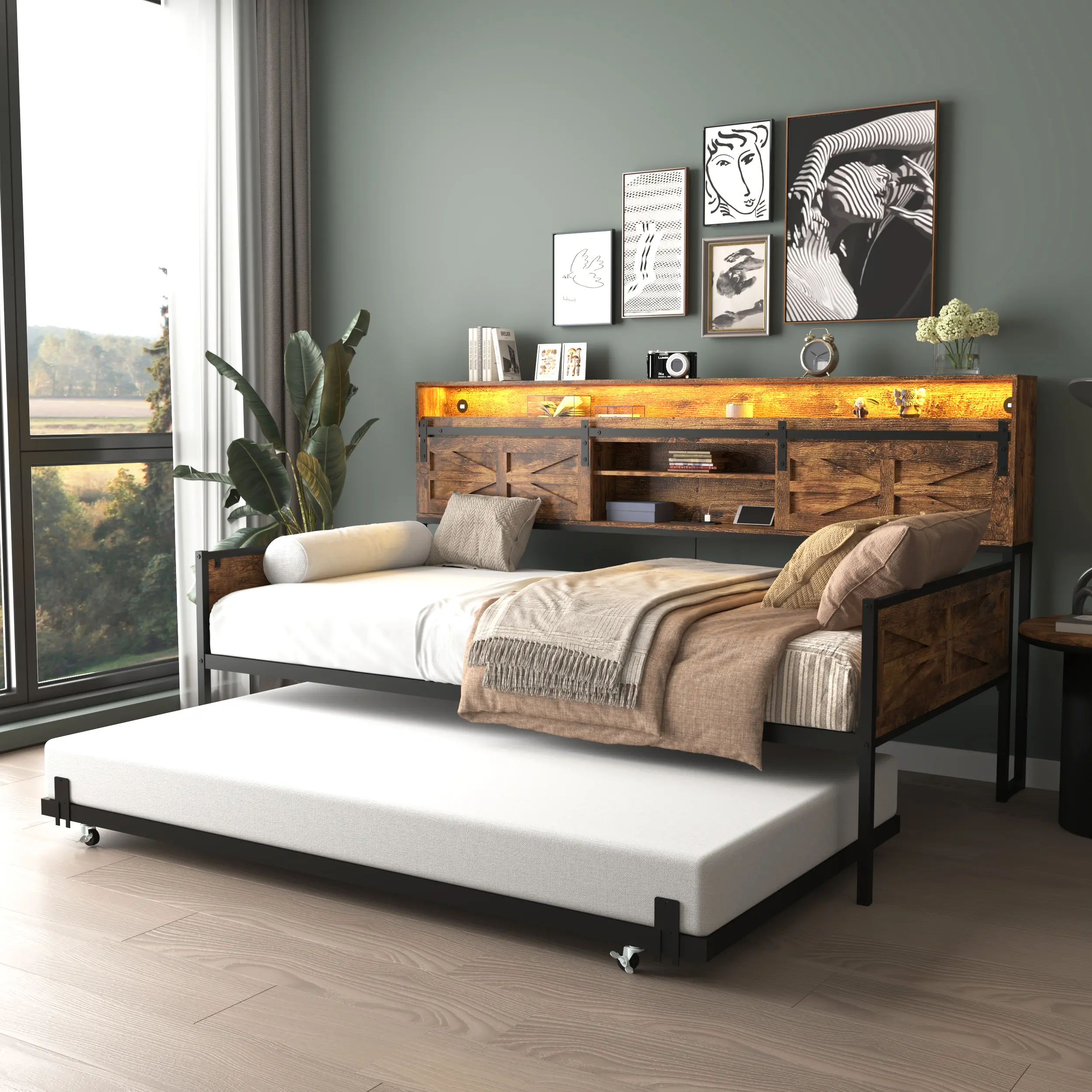 Rustic Brown Farmhouse Twin Daybed with Trundle, Sliding Barn Door Headboard, USB Port Charging Station, LED Light, Wood Bed Frame with Storage, Stable Bedroom Furniture, Apartment Bed Frame for Bedroom, Guest Room, Wood Bed Frames