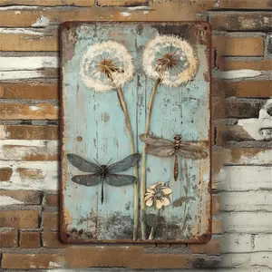 Rustic Wooden Dragonfly and Dandelion Wall Art, 8x12 Inches - Antique Metal Decorative Sign with 3D Insects, Farmhouse Style for Kitchens and Cafes