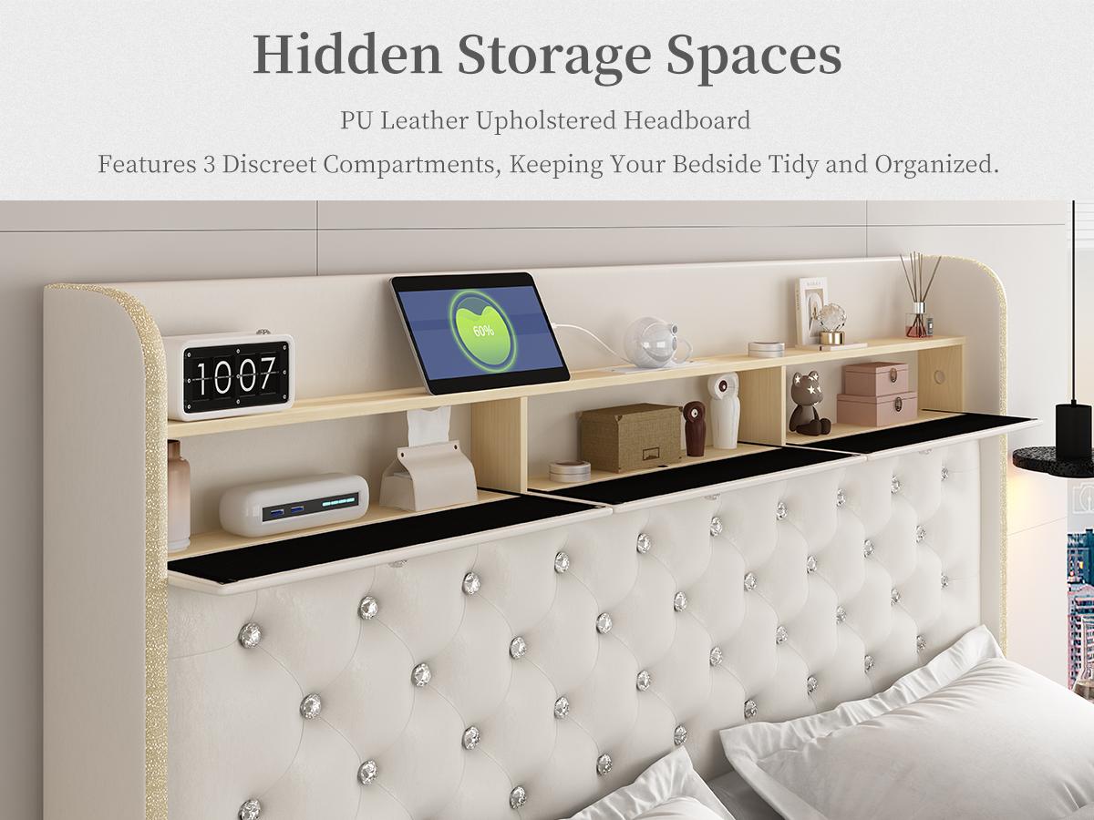 Sibeds Queen LED Bed Frame with Bookcase Storage Headboard, Galaxy Star Projector, 2 Storage Drawers, Noise-Free, Tall Tufted Headboard, No Box Spring Needed, PU Leather Black,Modern Design Home Interior Furniture