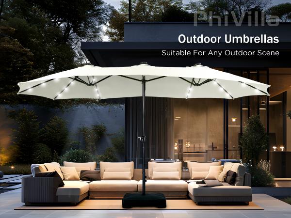 [Base & Lights] PHI VILLA 15 ft Extra Large Patio Umbrella with 36 LED Lights, Metal Construction, Includes Base, Heavy Duty for Pool Garden Backyard Outdoor Modern Design