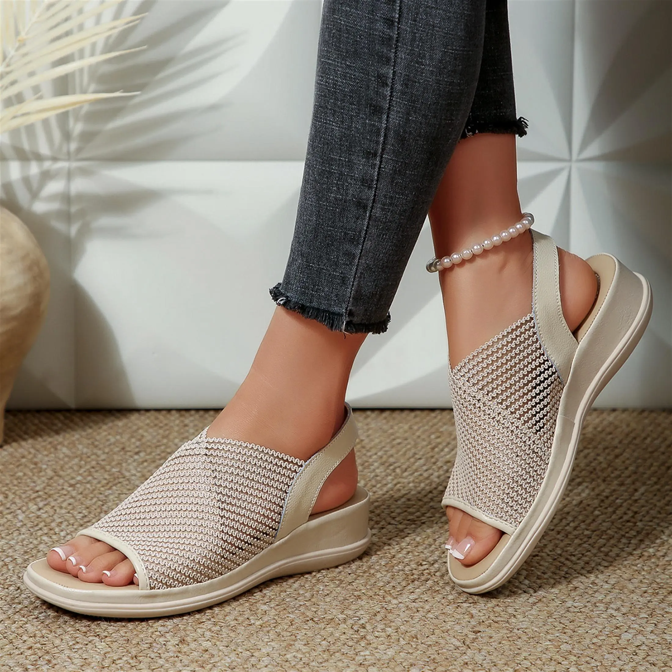 Women's Open Toe Wedge Sandals Elastic Knit Slingback Casual Walking Shoes Springfresh