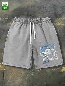 Nation Skull Grunge T - Shirt - 290G 100% Cotton Men's Washed Shorts, Comfortable Summer Shorts for Outdoor Activities, Loose Fit, Drawstring Waist, Moisture - Wicking & Breathable, Ideal for Gym & Daily Casual, Perfect Gift for Boyfriend/Husband87