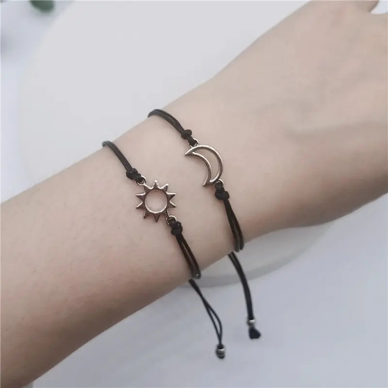 Women's & Men's 2-Pcs Sun Moon Matching Design Bracelets & Bangles Set - Handmade Braided Rope, Adjustable Bracelet Charms, His and Hers Stackable Jewelry Gift for Couples, 2 Piece Sets