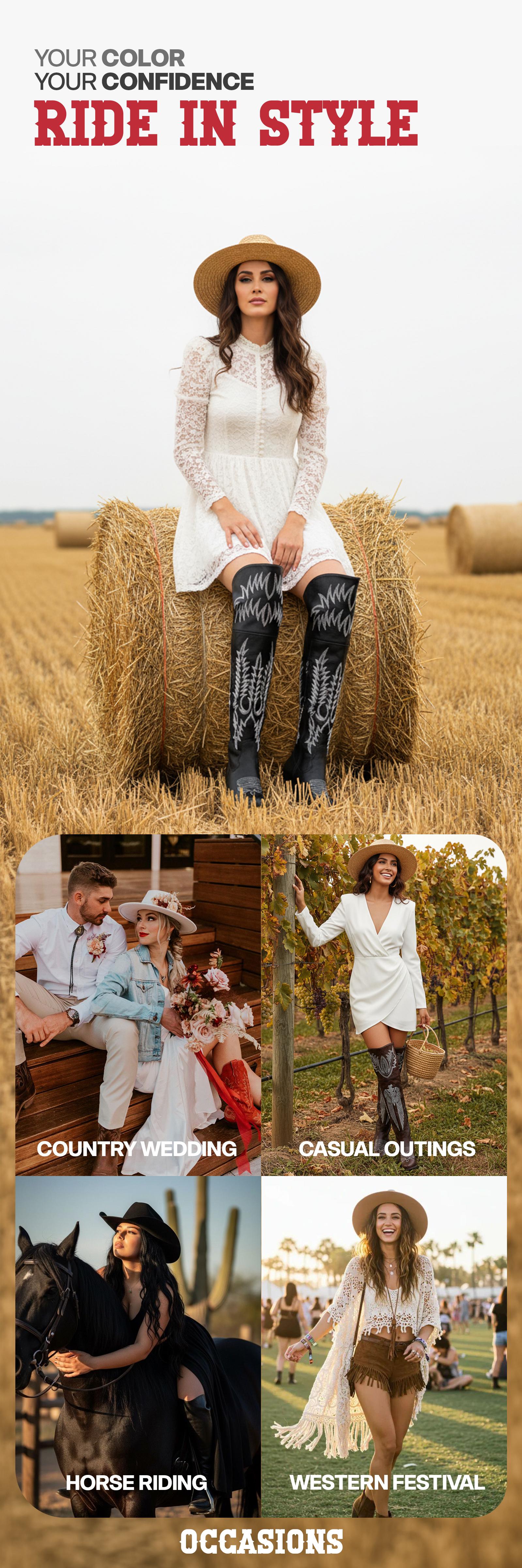 CELNEPHO Women Cowboy Boots Pointed Toe Classic Embroidered Chunky Block Heel Side Zipper Closure Over the Knee Western Boots Spring Party Cowboy Festival Dress Shoes