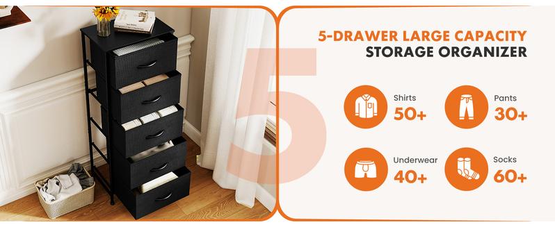 5 Drawer Dresser with Fabric Bins, Sturdy Steel Frame and Wood Top, Storage Organizer Chest for Bedroom, Closet, Hallway