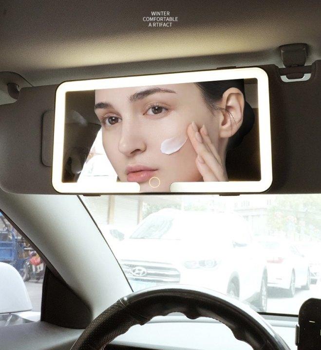 Tri-Color LED High Definition Glass Makeup Mirror for Car Visor with USB Charging, Magnetic Detachment, Flat Lens, Fits All Vehicle Models