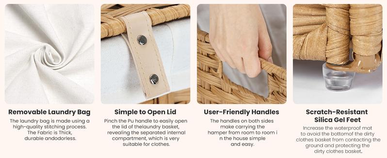 90L/110L Woven Rattan Laundry Hamper with Adjustable Lid, Dirty Clothes Busket, Foldable, Steel Frame, Machine Washable for Home, Bathroom, Bedroom