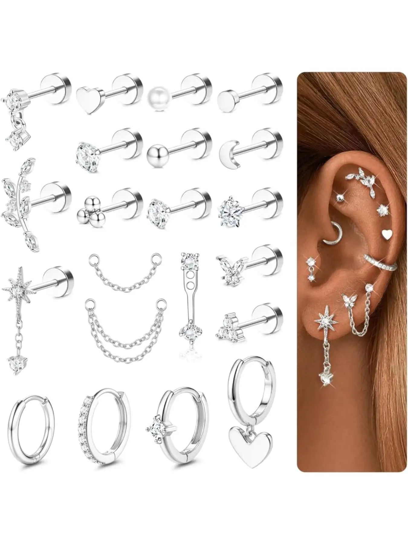 21Pcs Helix Piercing Jewellery Earrings Jewelry Tragus Earrings Set Flat Back Earrings Helix Hoop Tragus Stud Cartilage Earring Conch Rook Piercing Jewellery Surgical Steel Earrings Flatback Cartilage Earrings