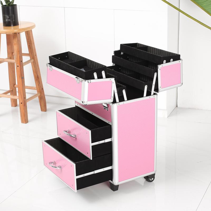 4 Tier Lockable Cosmetic Makeup Train Case with Extendable Trays Pink Aluminum Frame Travel Companion Secure Storage Stackable 6 Drawers Adjustable Handle