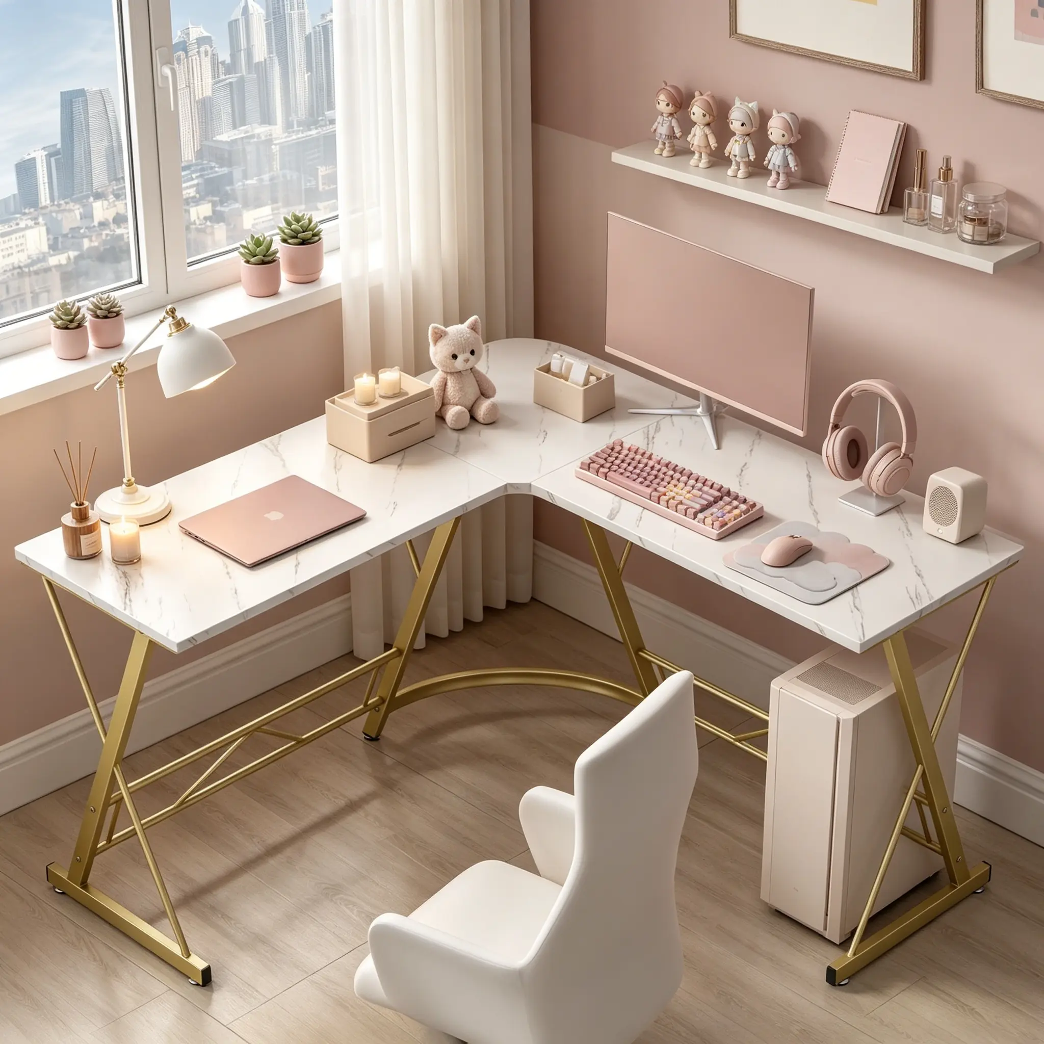【Marble Desk】 Mr IRONSTONE L Shaped Desk Computer Corner Desk, Home Gaming Desk, Office Writing Workstation with Large Monitor Stand, Easy to Assemble (White,51 Inch)