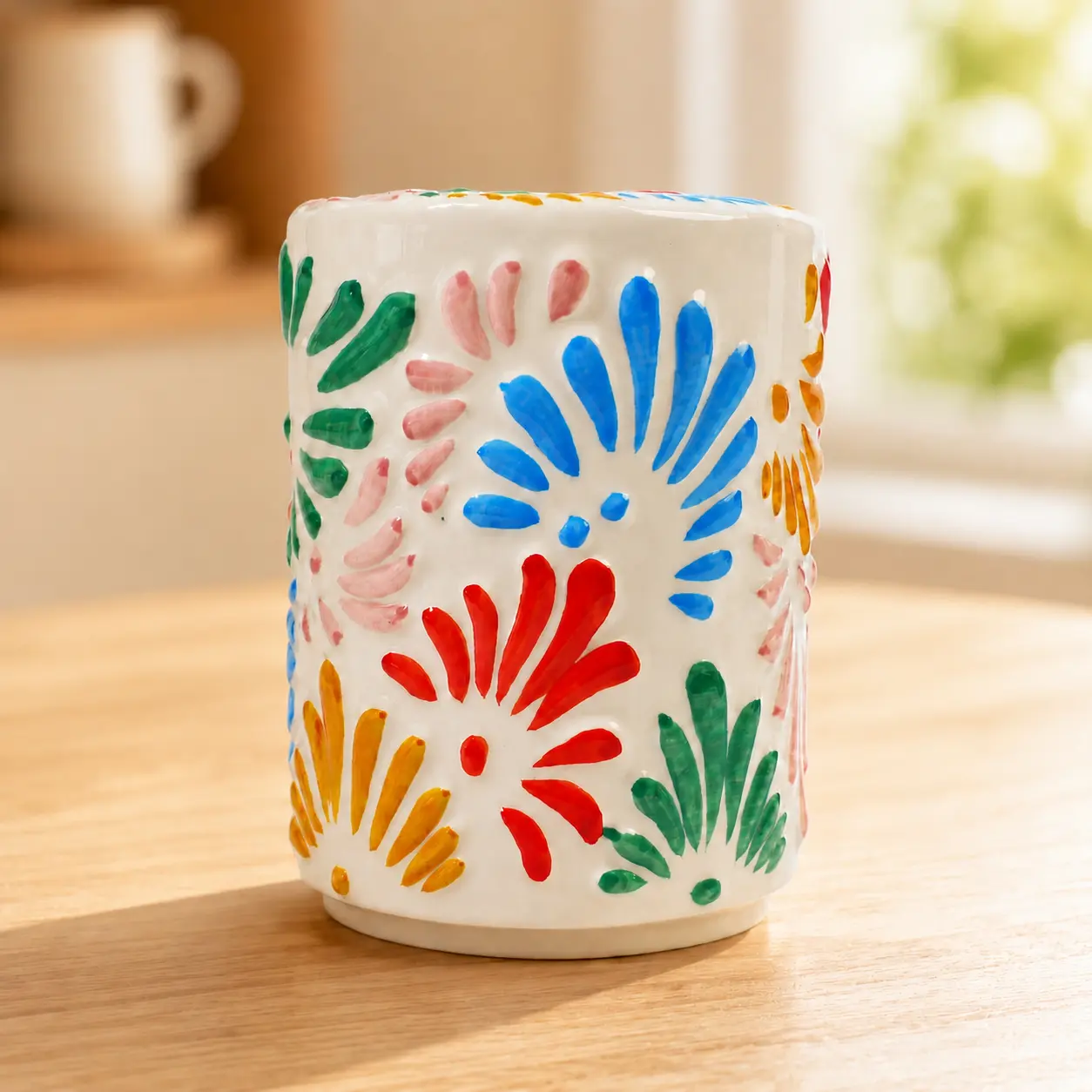 Handmade Mug 17oz - Handcrafted Colorful Floral Watercolor Art Ceramic Body Travel Mug with Lid, Mexican Pottery, Dishwasher Safe, Lead Free, Gift-Ready Unique Gifts for Coffee Lovers