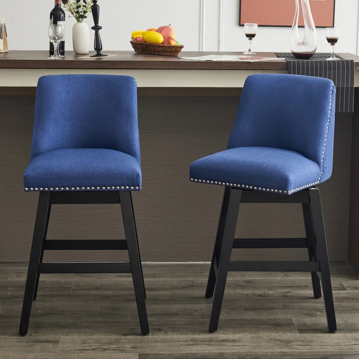 2-Piece Counter Height Swivel Bar Stools, Modern Linen Fabric High Back Ergonomic Counter Chairs with Wood Frame and Adjustable Footpad for Kitchen Island, Home Bar