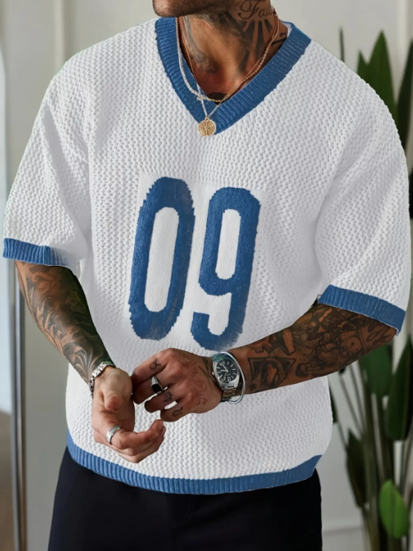 Men's Summer Athletic Sport Style Knitwear Knit Sweater Tops with V-Neck Breathable Hollow Digital Design Football Shirt, Baggy Loose-Fitting Apparel for Active Wear, Modern Pullover, Graphic Menswear Top