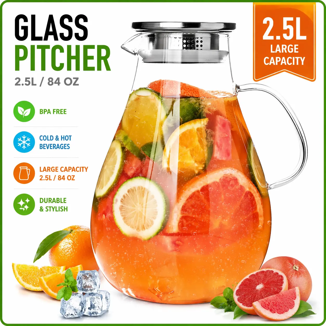 YUNCANG 2.5L (84oz) Wide Mouth Glass Pitcher with Leak-Proof Stainless Steel Filter Lid, Handle, Measurement Markings - Durable, Heat Resistant, Eco-Friendly Home Use Jug for Fridge Cold Brew, Iced Tea Serving, Leak-Proof Lid