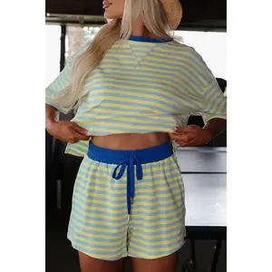 Yellow Stripe Drop Shoulder Boxy Casual Terry Short Set