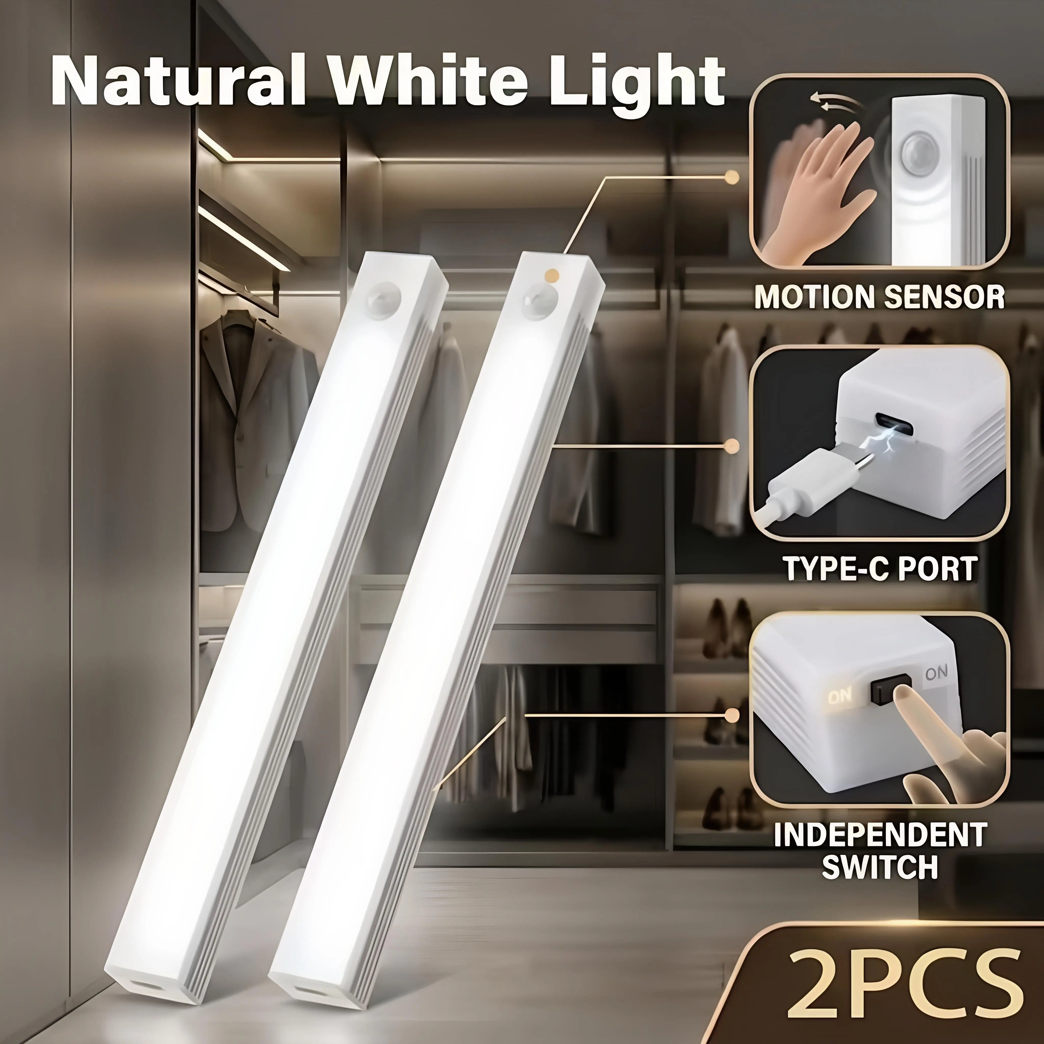 Rechargeable Wireless Motion Sensor LED Strip Light - 50cm Decorative Lights with Magnetic Installation, Under-Cabinet Indoor Lighting for Kitchens, Bedrooms, Wardrobes, Led Light