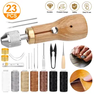 23Pcs Leather Sewing Awl Kit tool set-Portable Sewing Awl Thread Kit with Needles Rolls Waxed Threads punch Needle Threader Tape Measure for DIY Craft