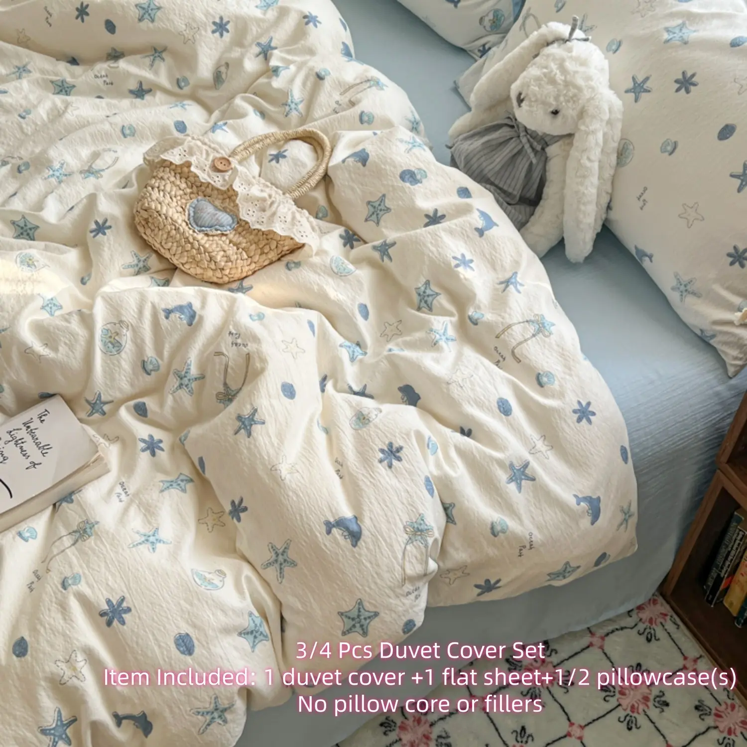 Starfish Bedding Sets, Bed Covers, Starfish Whale Ocean Duvet Cover Set, White Blue Ocean Theme Comforter Cover Set, Microfiber Beach Themed Quilt Cover, Summer Beach Room Decor