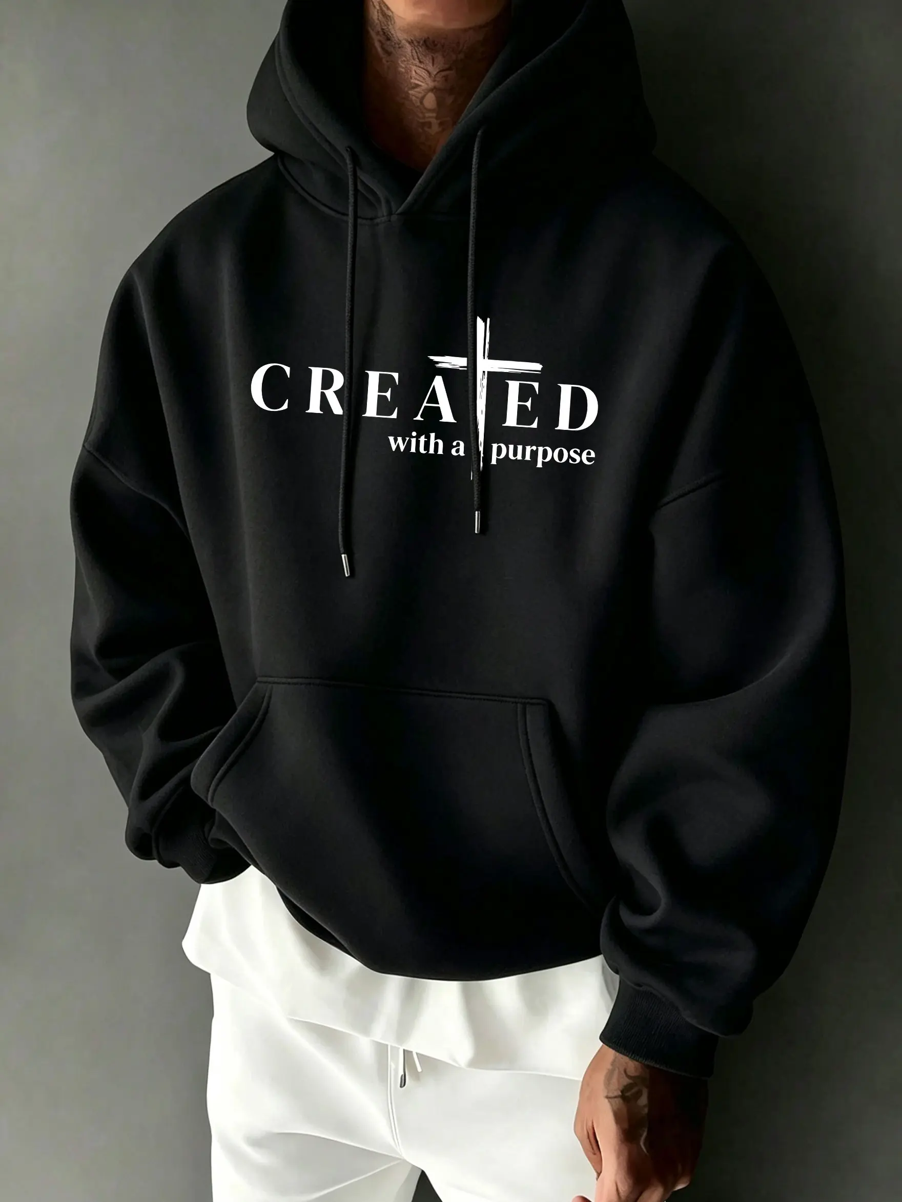 Men's Loose Long-Sleeve Pullover Hoodie - Menswear Tops Sweatshirt with Cross-Chest Print, Casual Faith-Inspired Motivational Design