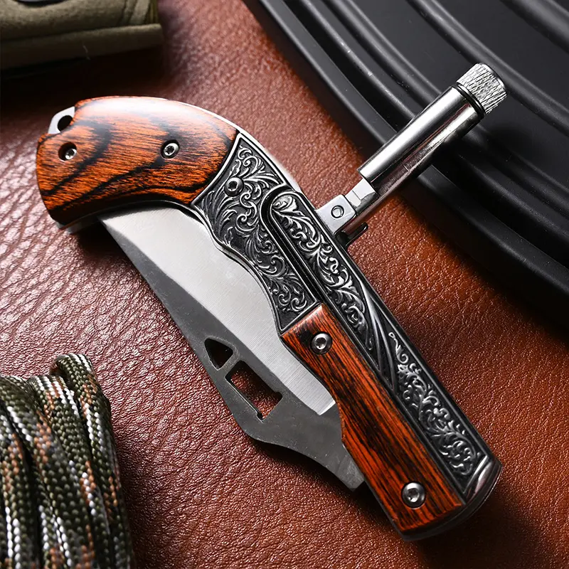 Multifunctional camping knife, vintage carved non-slip wooden handle, suitable for home cutting of meat, vegetables, and peeling fruit, outdoor camping and BBQ use, the best gift for family and friends on Christmas and Thanksgiving!