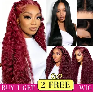 [New Combo sale 24"&22"&22"]  24Inch 13x4 Jerry Curly 99J Hair Lace Front Wigs + 13x4 22lnch Straight hair+ 13x4 22lnch Jerry Curly 99j Pre Plucked HD 180% Density Transparent Lace Frontal Human Hair Wigs